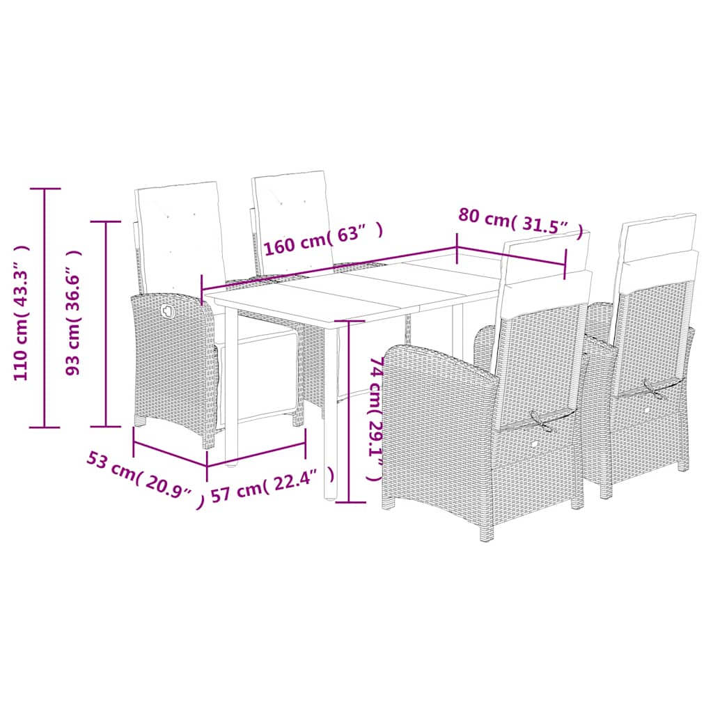 5 Piece Garden Dining Set with Cushions Grey Poly Rattan (US only)