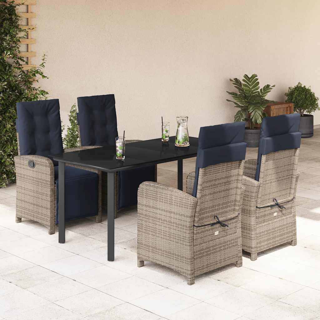 5 Piece Garden Dining Set with Cushions Grey Poly Rattan (US only)
