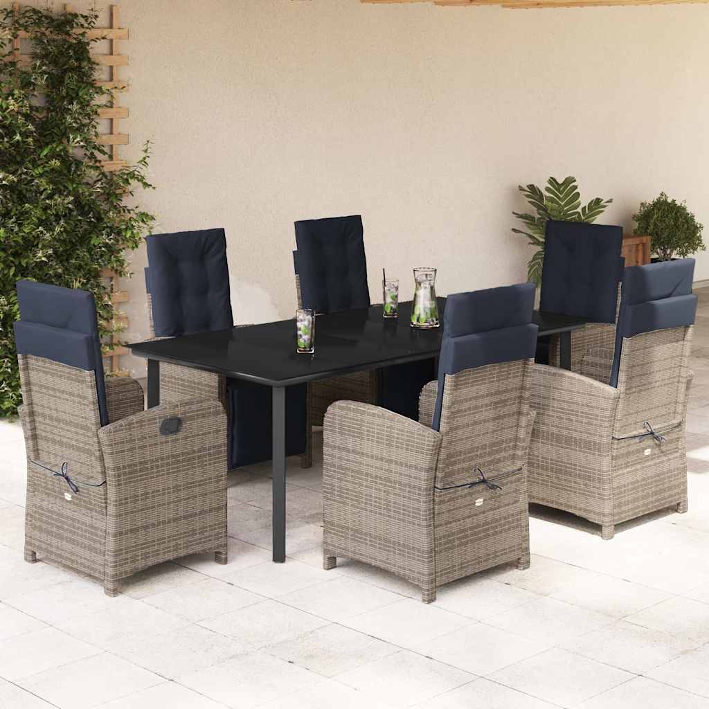 7 Piece Garden Dining Set with Cushions Grey Poly Rattan (US only)