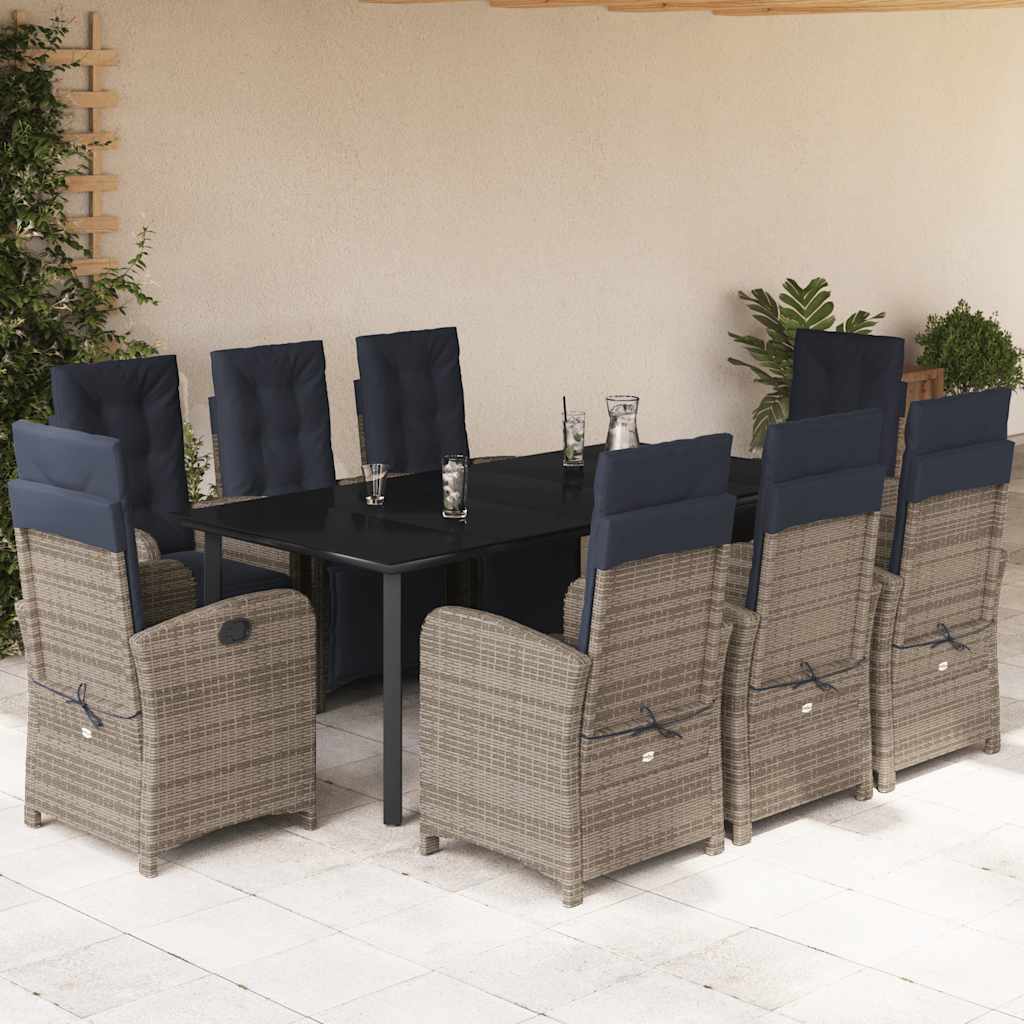 9 Piece Garden Dining Set with Cushions Grey Poly Rattan (US only)