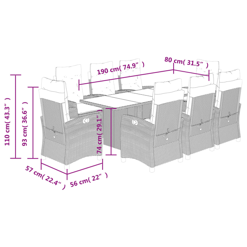 9 Piece Garden Dining Set with Cushions Grey Poly Rattan (US only)