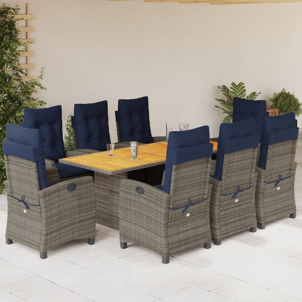 9 Piece Garden Dining Set with Cushions Grey Poly Rattan (US only)