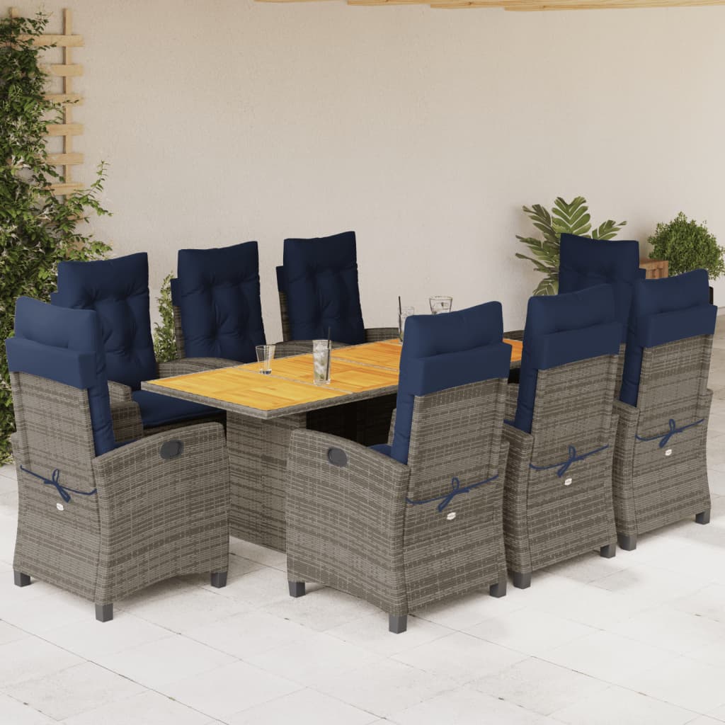 9 Piece Garden Dining Set with Cushions Grey Poly Rattan (US only)