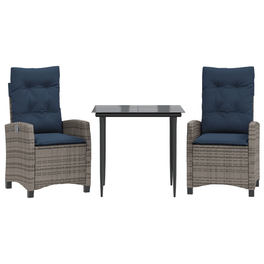 3 Piece Garden Dining Set with Cushions Grey Poly Rattan (US only)