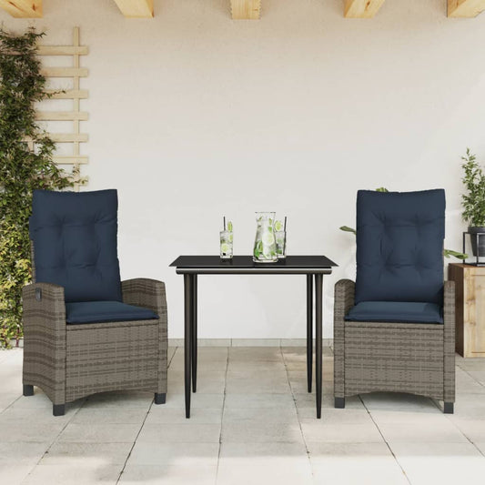 3 Piece Garden Dining Set with Cushions Grey Poly Rattan