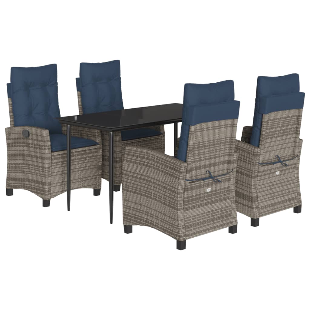 5 Piece Garden Dining Set with Cushions Grey Poly Rattan (US only)