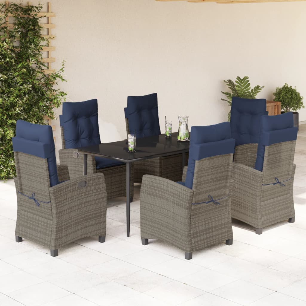 7 Piece Garden Dining Set with Cushions Grey Poly Rattan (US only)