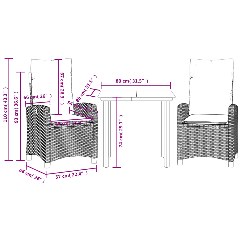 3 Piece Garden Dining Set with Cushions Grey Poly Rattan (US only)