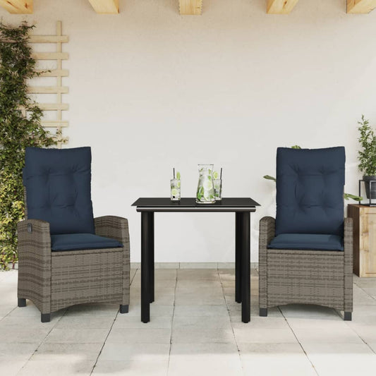 3 Piece Garden Dining Set with Cushions Grey Poly Rattan