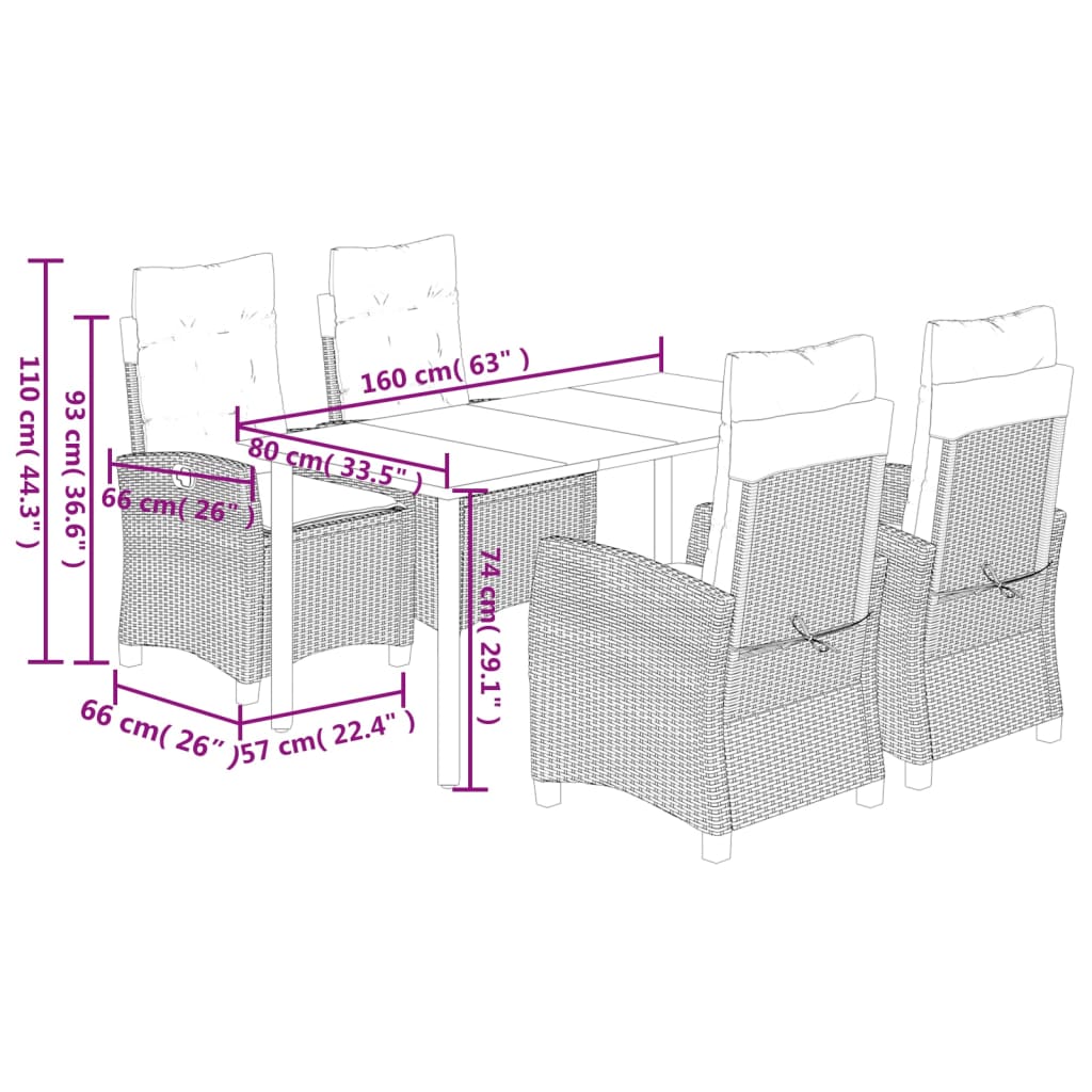 5 Piece Garden Dining Set with Cushions Grey Poly Rattan (US only)