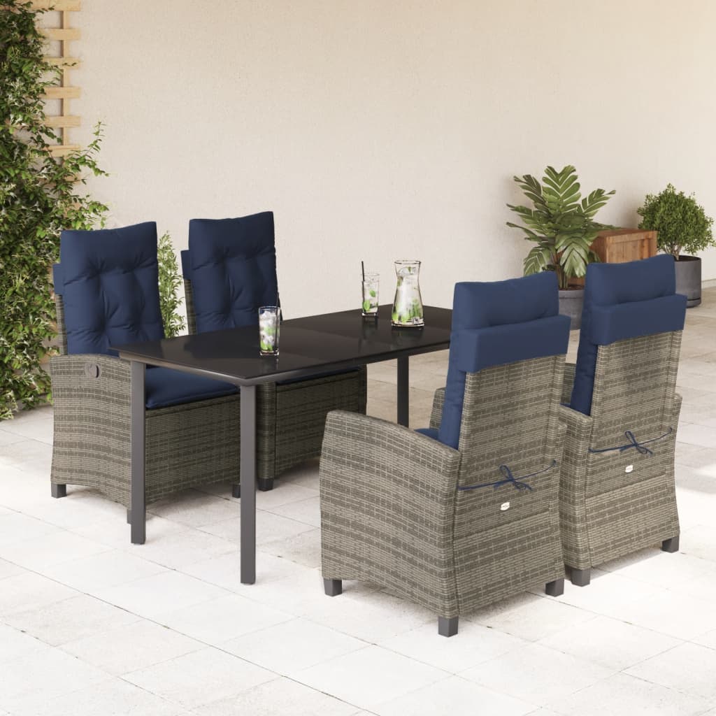 5 Piece Garden Dining Set with Cushions Grey Poly Rattan (US only)