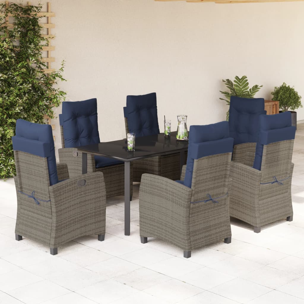 7 Piece Garden Dining Set with Cushions Grey Poly Rattan (US only)