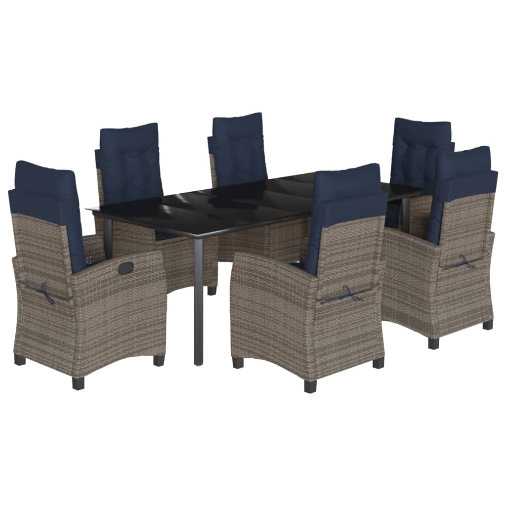 7 Piece Garden Dining Set with Cushions Grey Poly Rattan