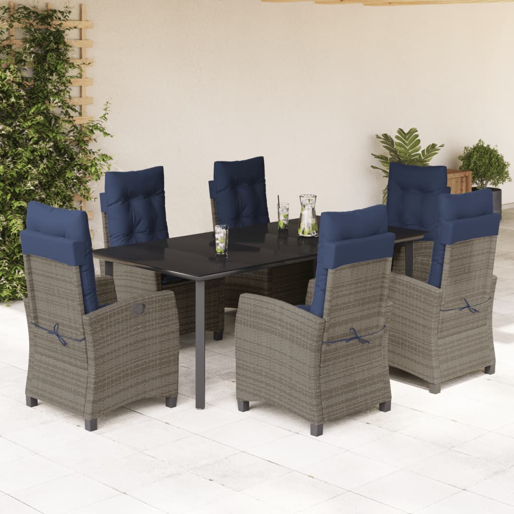 7 Piece Garden Dining Set with Cushions Grey Poly Rattan