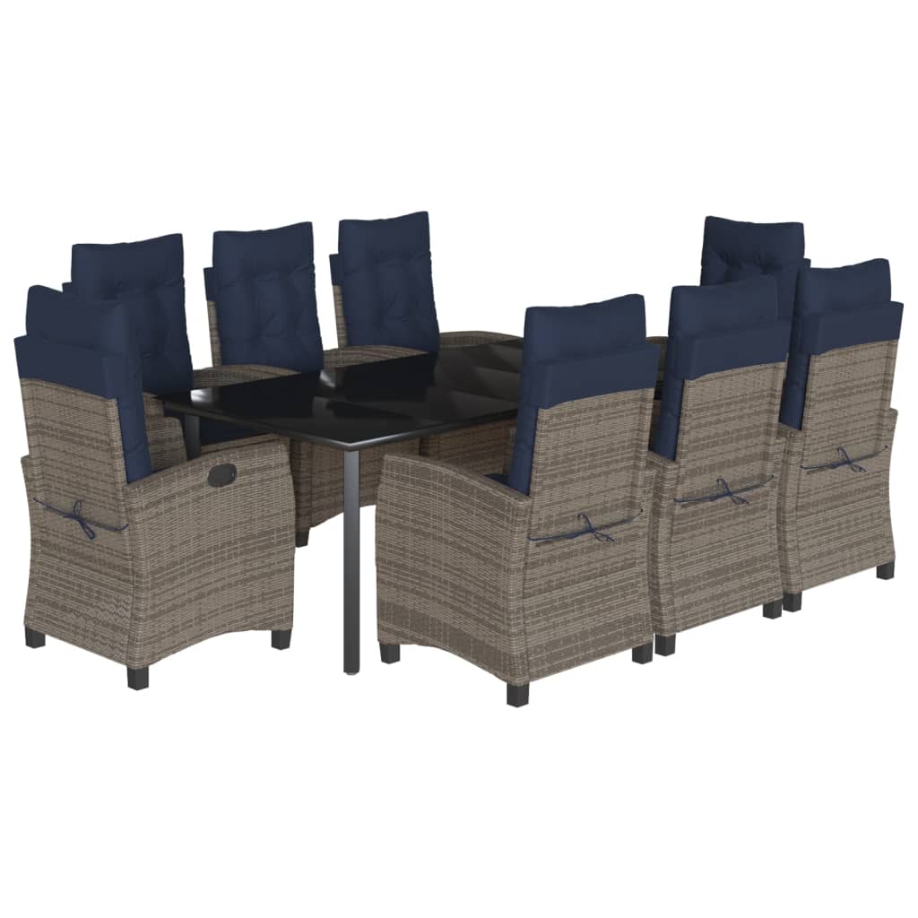 9 Piece Garden Dining Set with Cushions Grey Poly Rattan