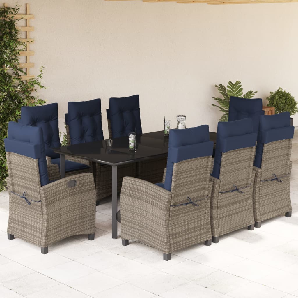 9 Piece Garden Dining Set with Cushions Grey Poly Rattan