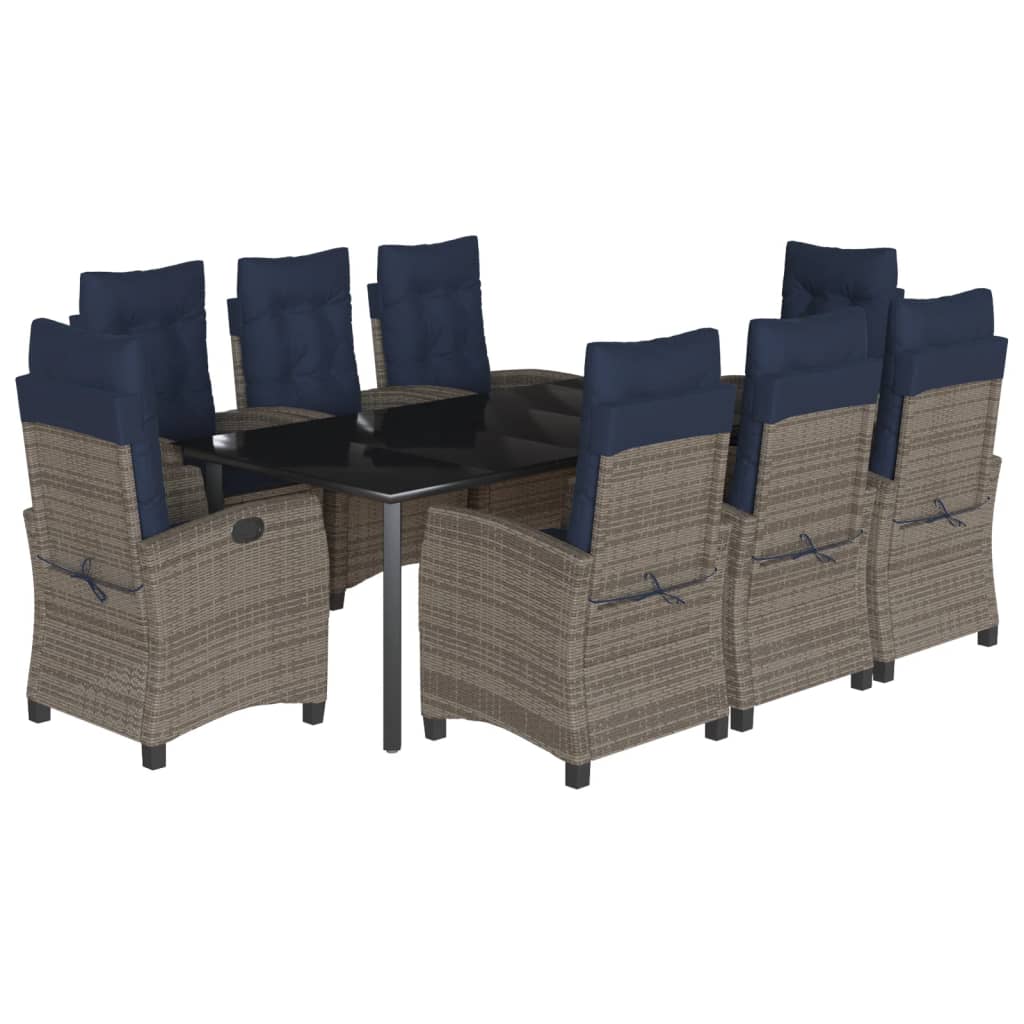 9 Piece Garden Dining Set with Cushions Grey Poly Rattan