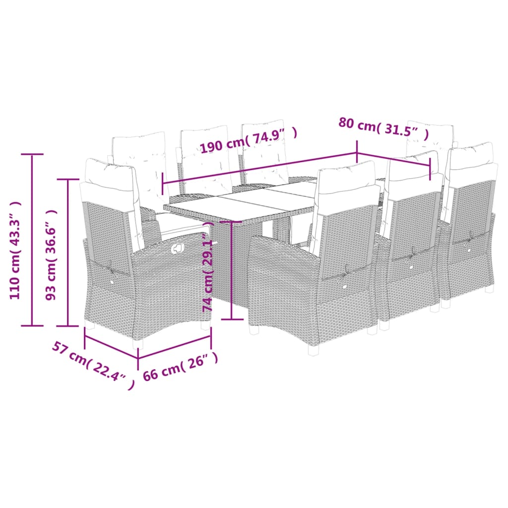 9 Piece Garden Dining Set with Cushions Grey Poly Rattan (US only)