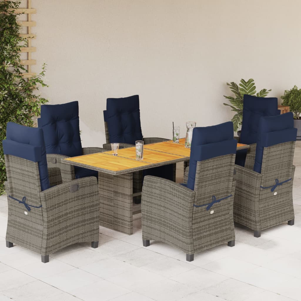 7 Piece Garden Dining Set with Cushions Grey Poly Rattan (US only)