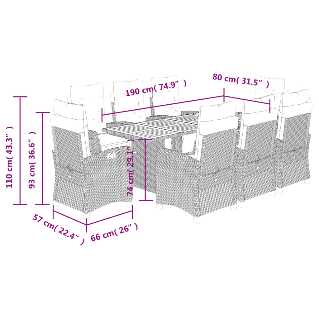 9 Piece Garden Dining Set with Cushions Grey Poly Rattan (US only)