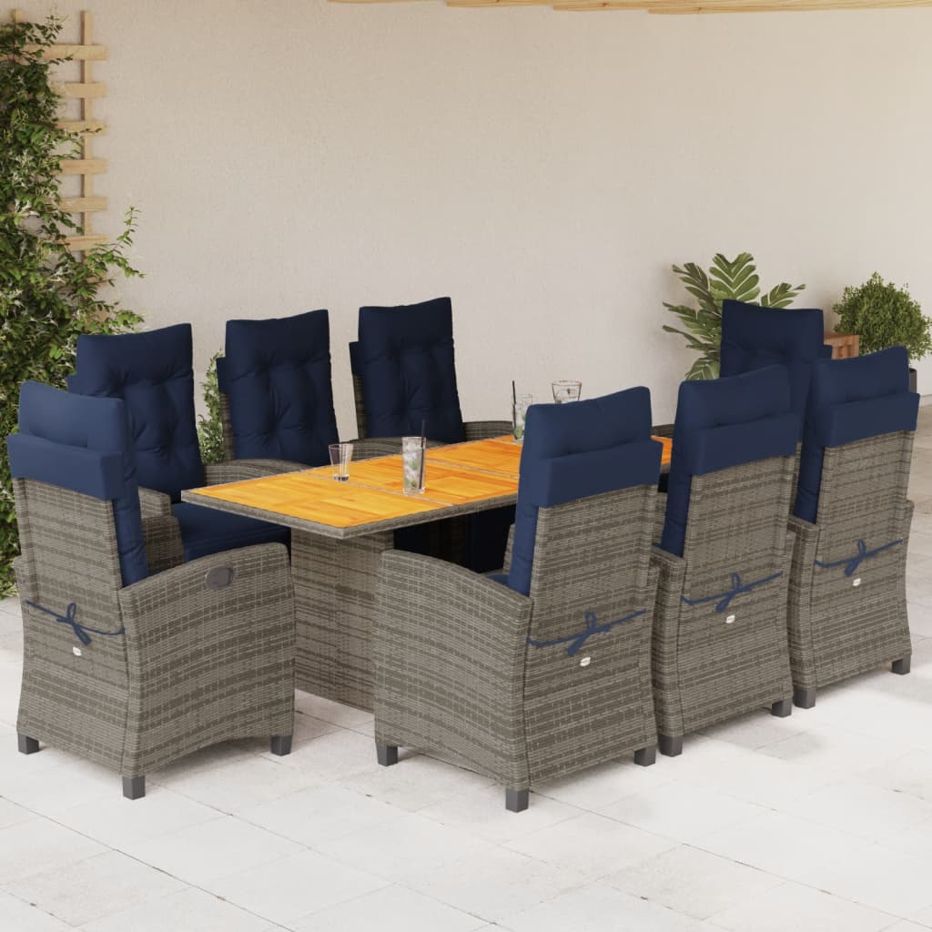 9 Piece Garden Dining Set with Cushions Grey Poly Rattan (US only)