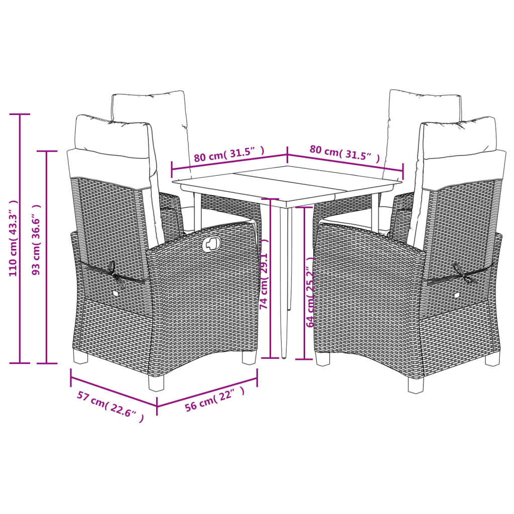 5 Piece Garden Dining Set with Cushions Grey Poly Rattan (US only)