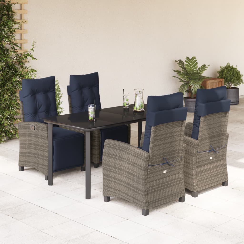 5 Piece Garden Dining Set with Cushions Grey Poly Rattan (US only)