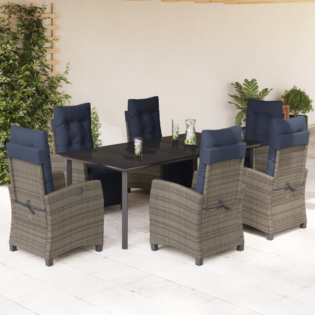 7 Piece Garden Dining Set with Cushions Grey Poly Rattan