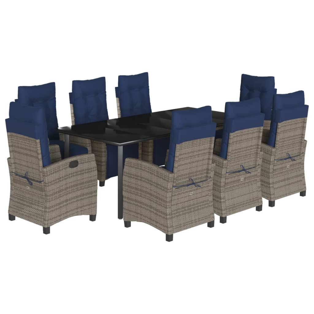 9 Piece Garden Dining Set with Cushions Grey Poly Rattan