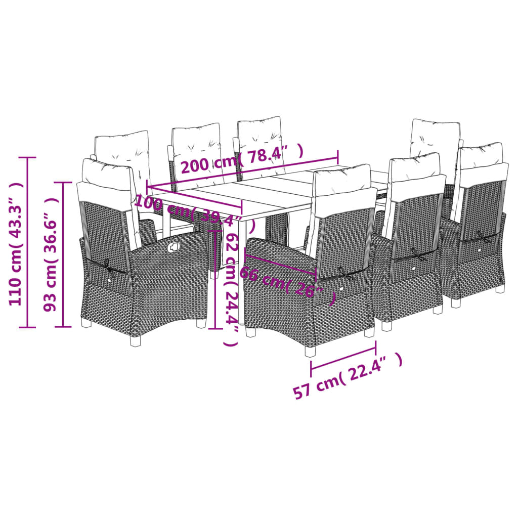 9 Piece Garden Dining Set with Cushions Grey Poly Rattan