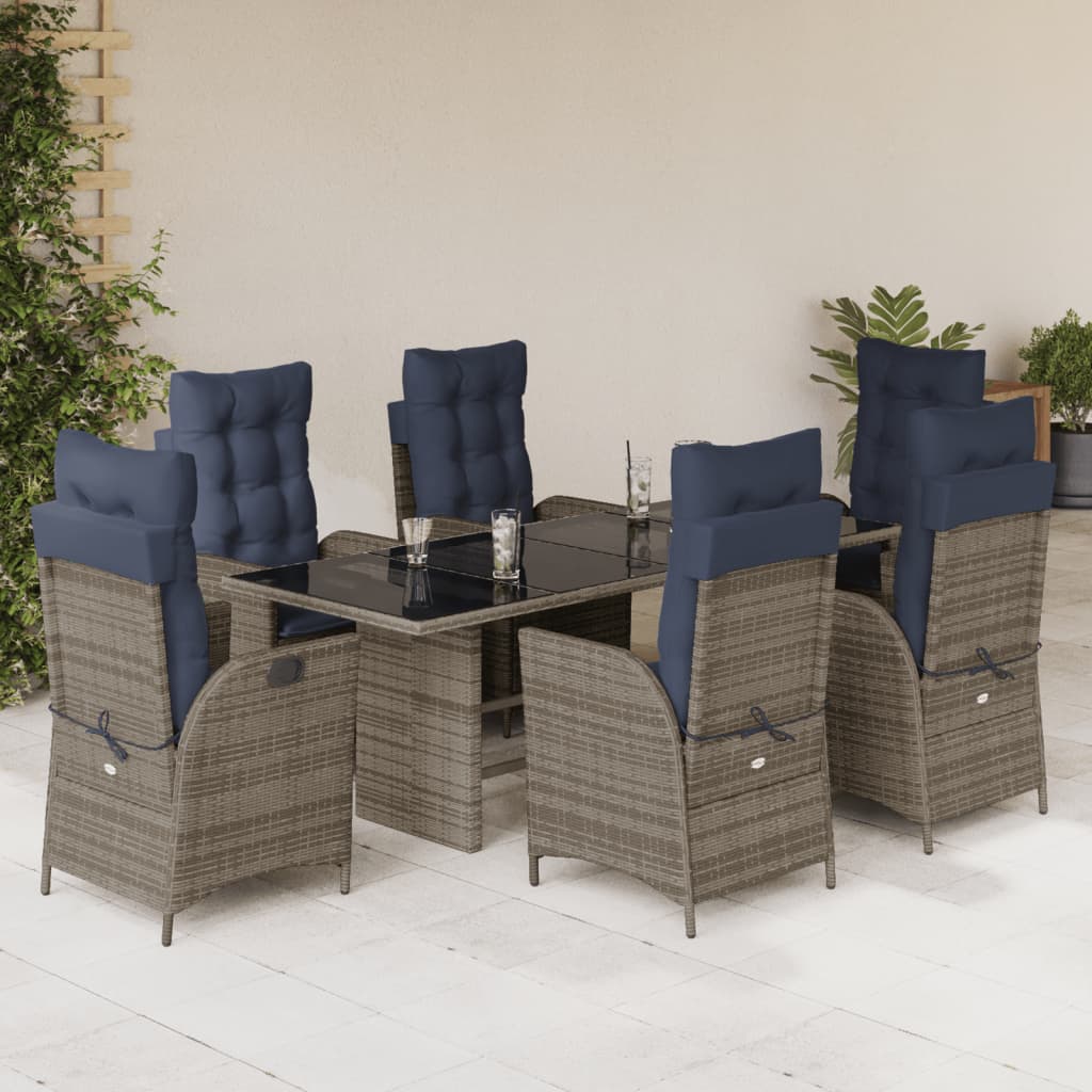 7 Piece Garden Dining Set with Cushions Grey Poly Rattan (US only)
