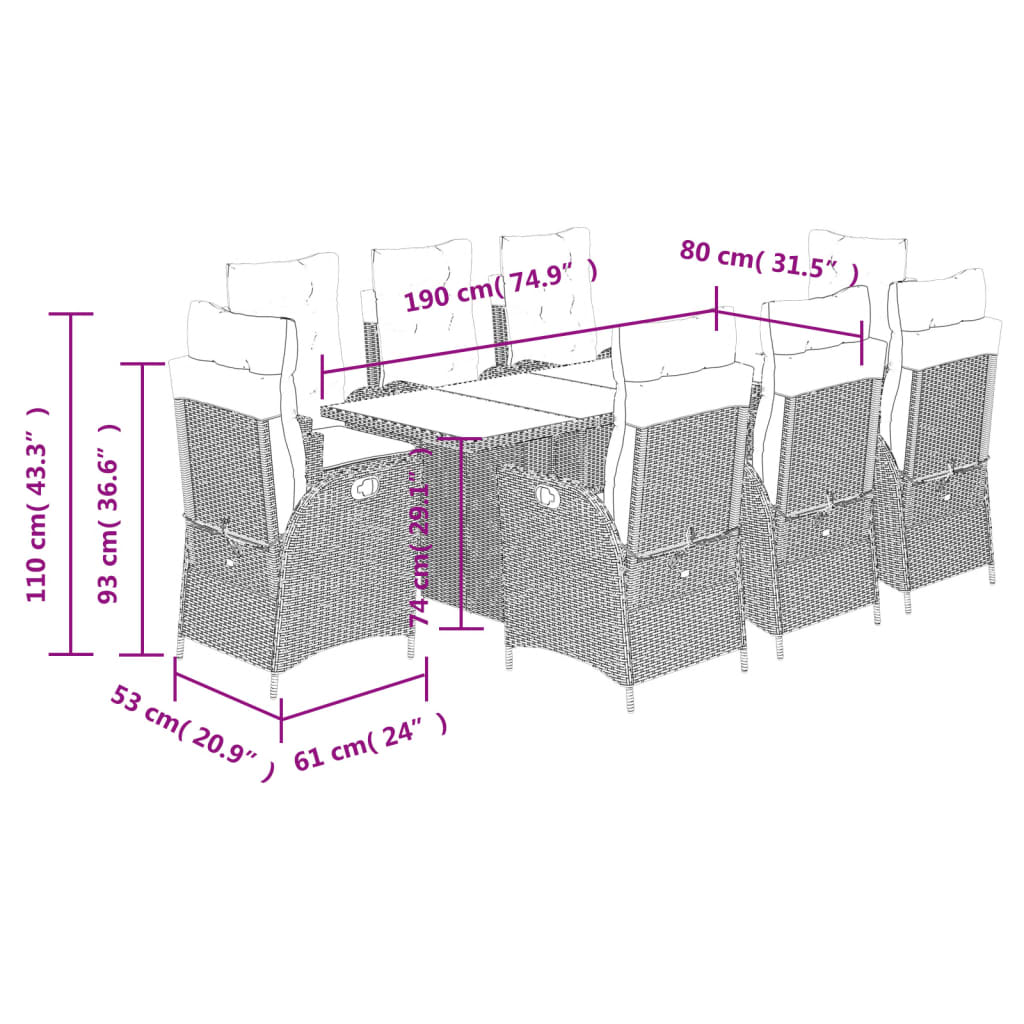 9 Piece Garden Dining Set with Cushions Grey Poly Rattan (US only)