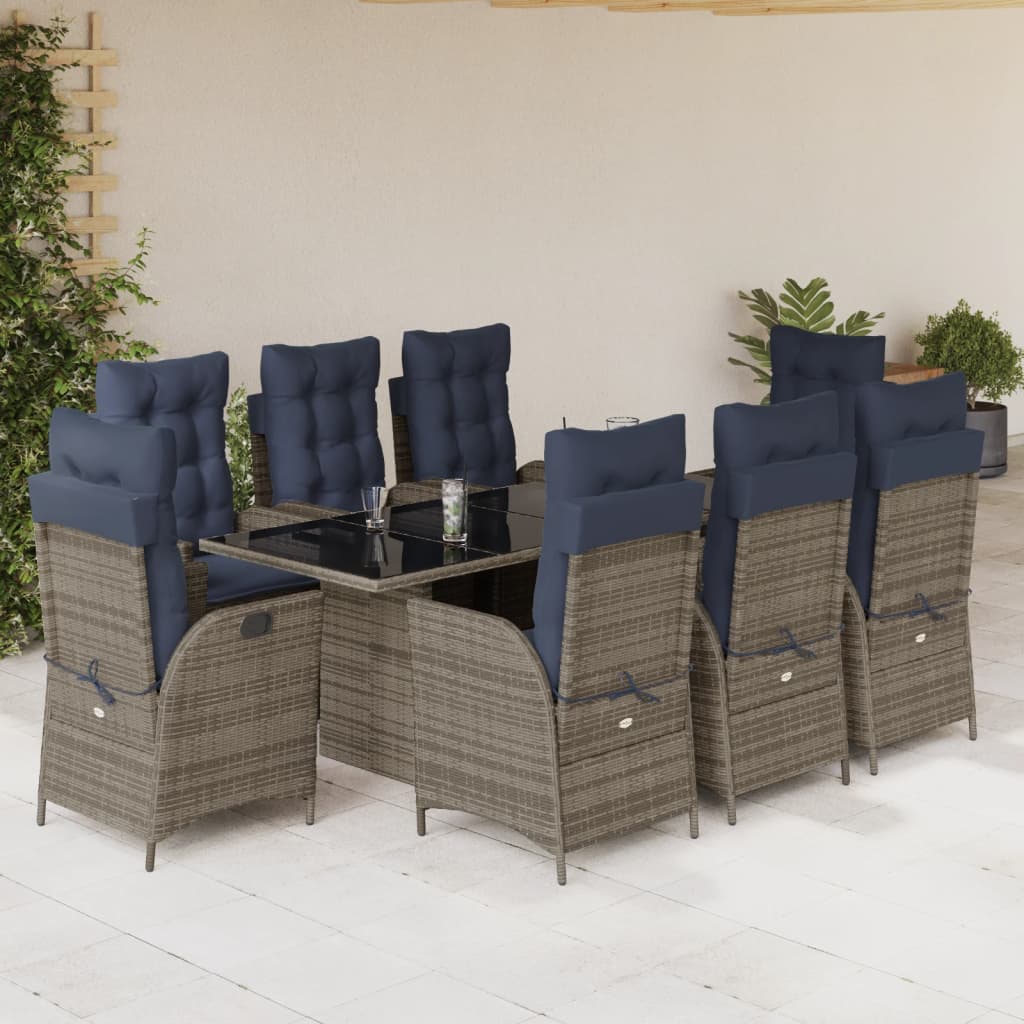 9 Piece Garden Dining Set with Cushions Grey Poly Rattan (US only)