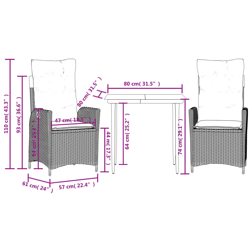 3 Piece Garden Dining Set with Cushions Grey Poly Rattan (US only)