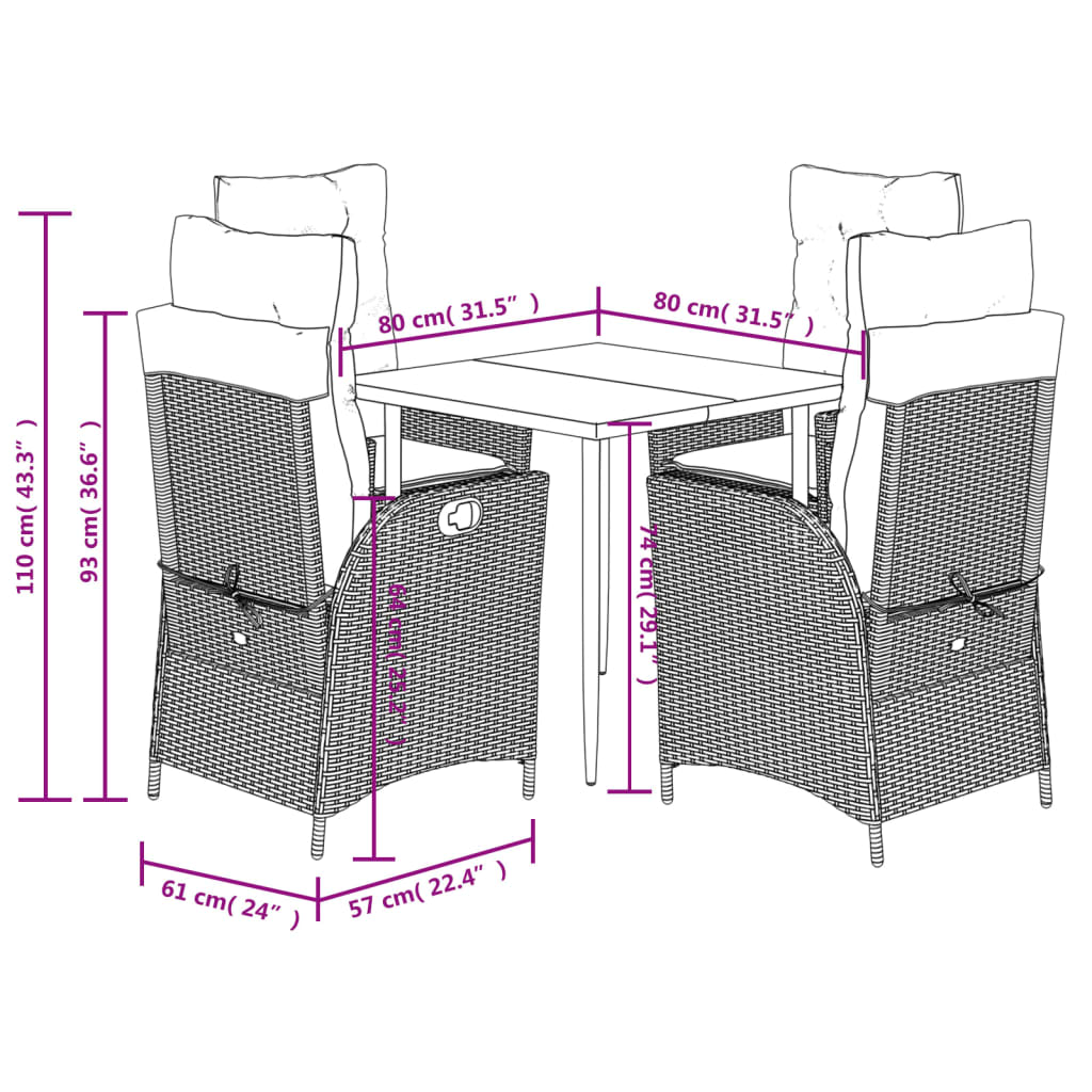 5 Piece Garden Dining Set with Cushions Grey Poly Rattan (US only)