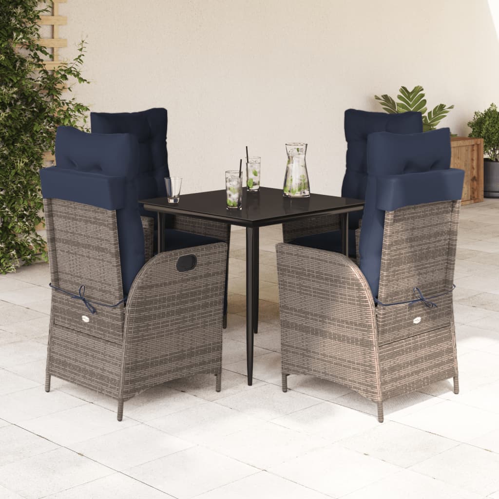 5 Piece Garden Dining Set with Cushions Grey Poly Rattan (US only)