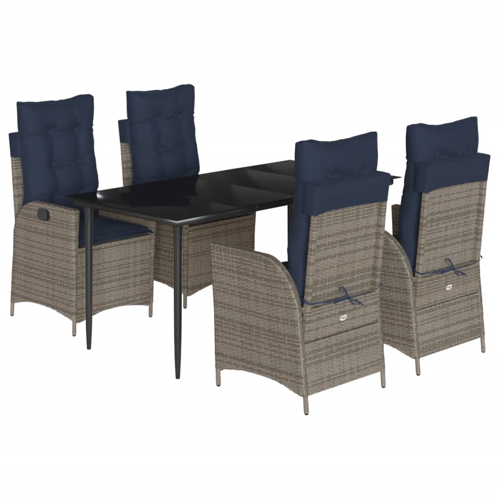 5 Piece Garden Dining Set with Cushions Grey Poly Rattan (US only)