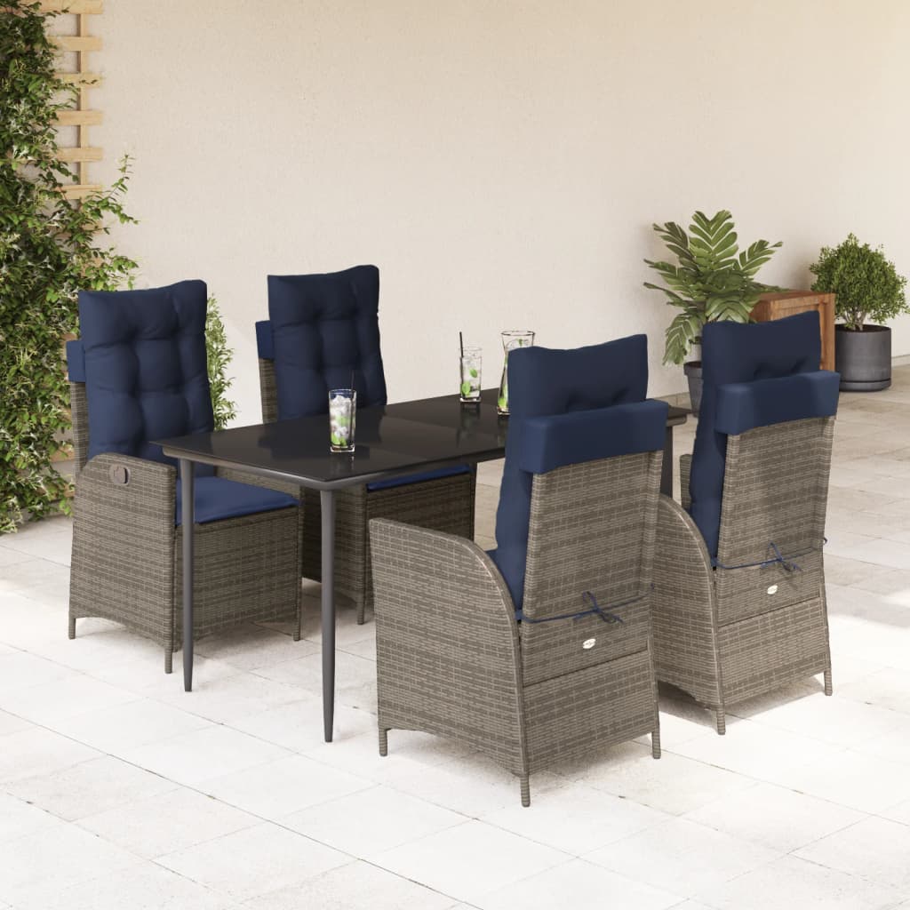 5 Piece Garden Dining Set with Cushions Grey Poly Rattan (US only)