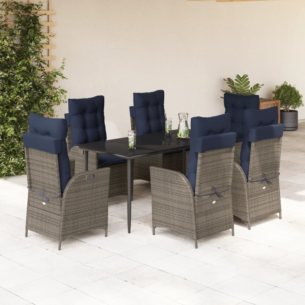 7 Piece Garden Dining Set with Cushions Grey Poly Rattan (US only)