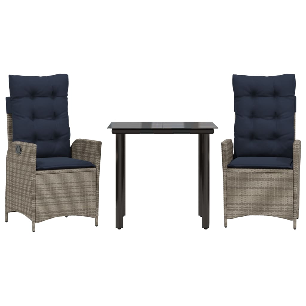 3 Piece Garden Dining Set with Cushions Grey Poly Rattan (US only)