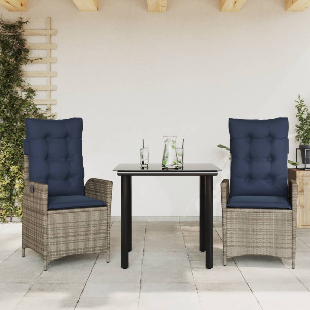 3 Piece Garden Dining Set with Cushions Grey Poly Rattan (US only)