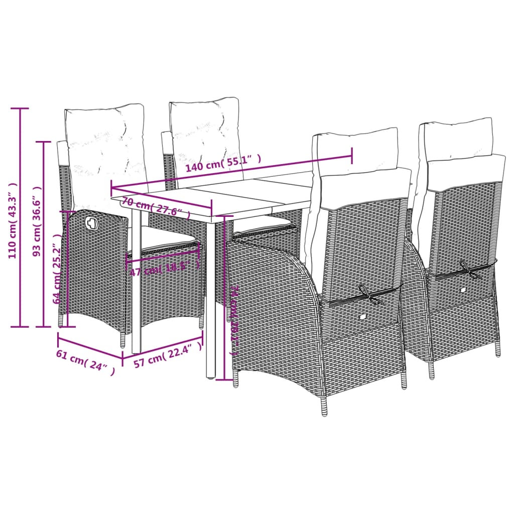 5 Piece Garden Dining Set with Cushions Grey Poly Rattan (US only)