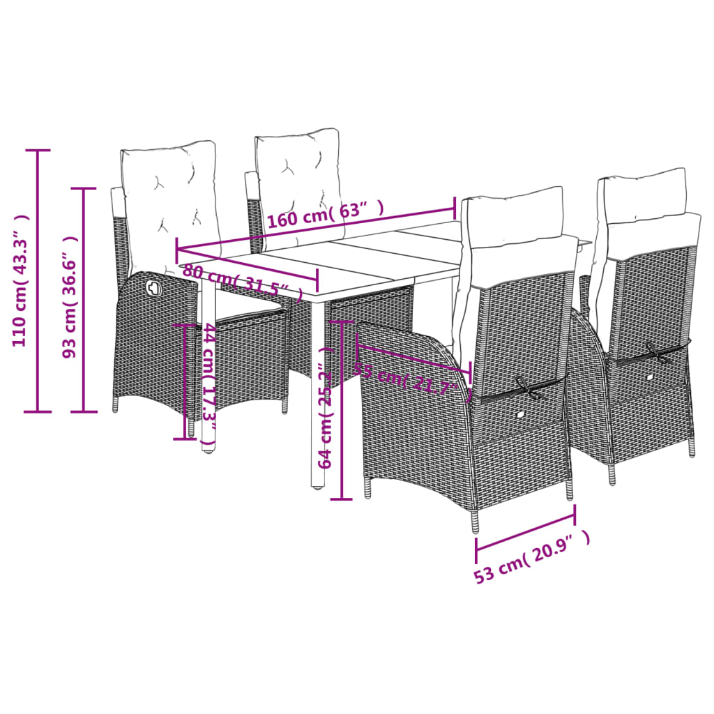 5 Piece Garden Dining Set with Cushions Grey Poly Rattan (US only)