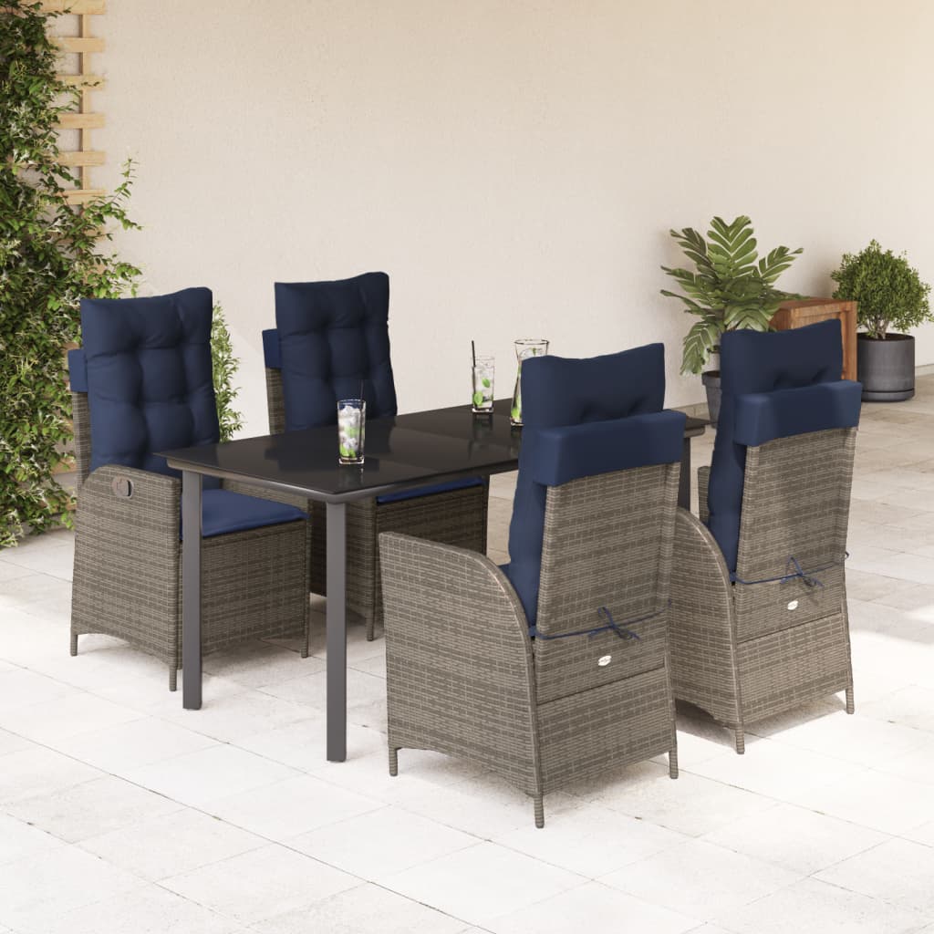 5 Piece Garden Dining Set with Cushions Grey Poly Rattan (US only)