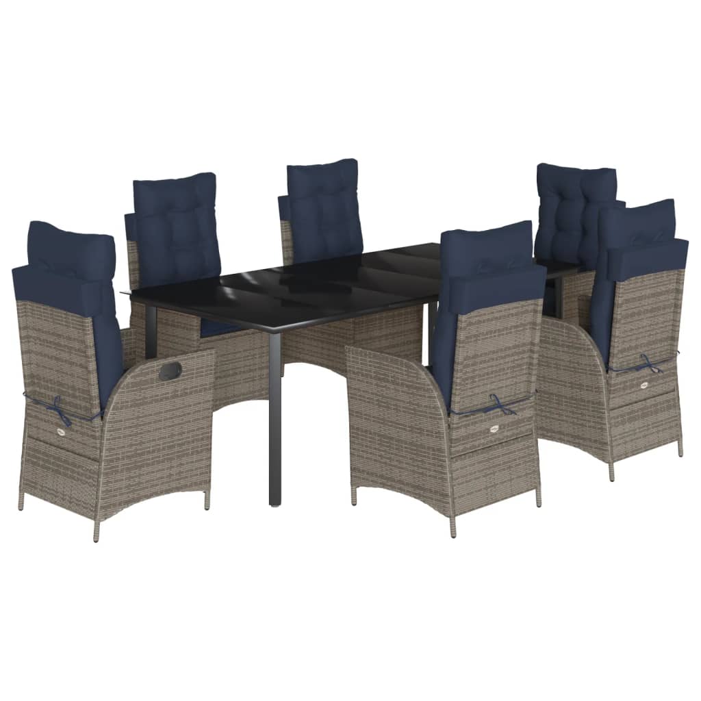 7 Piece Garden Dining Set with Cushions Grey Poly Rattan