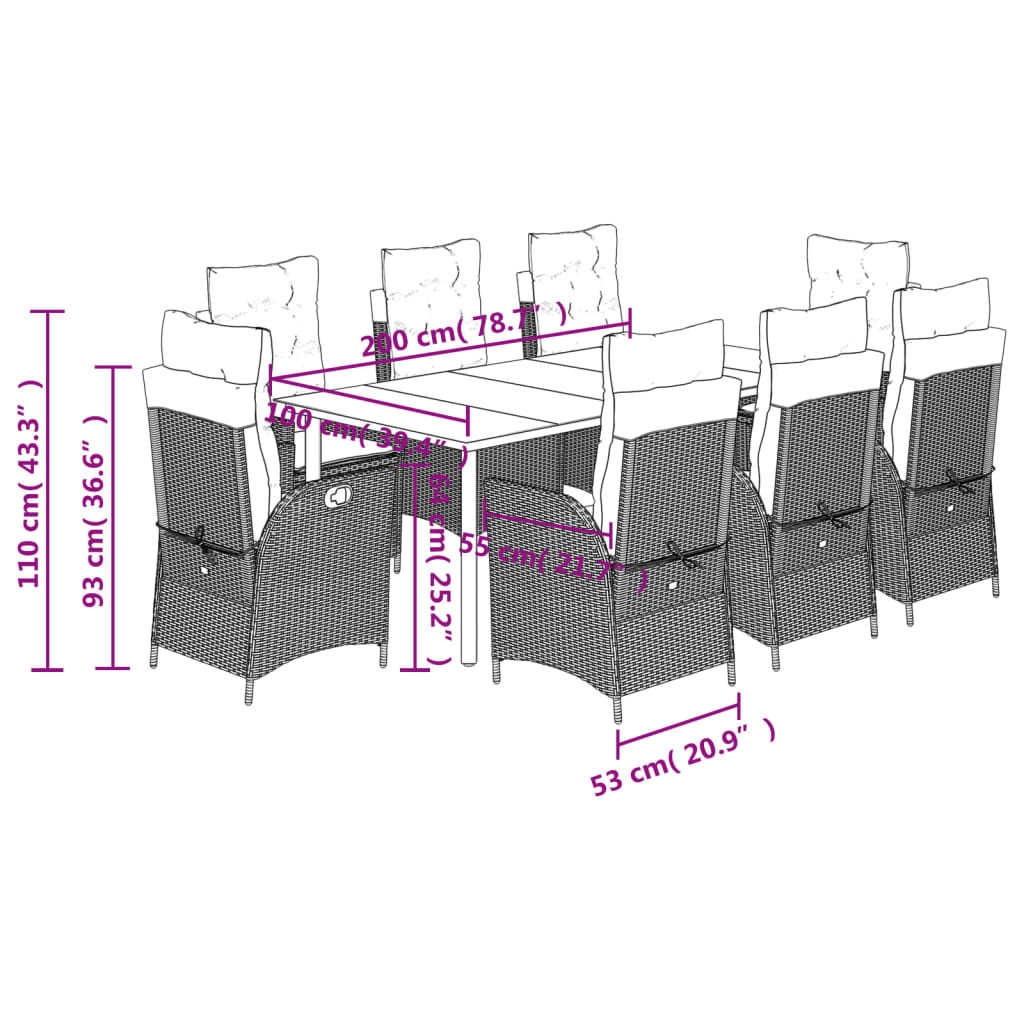 9 Piece Garden Dining Set with Cushions Grey Poly Rattan