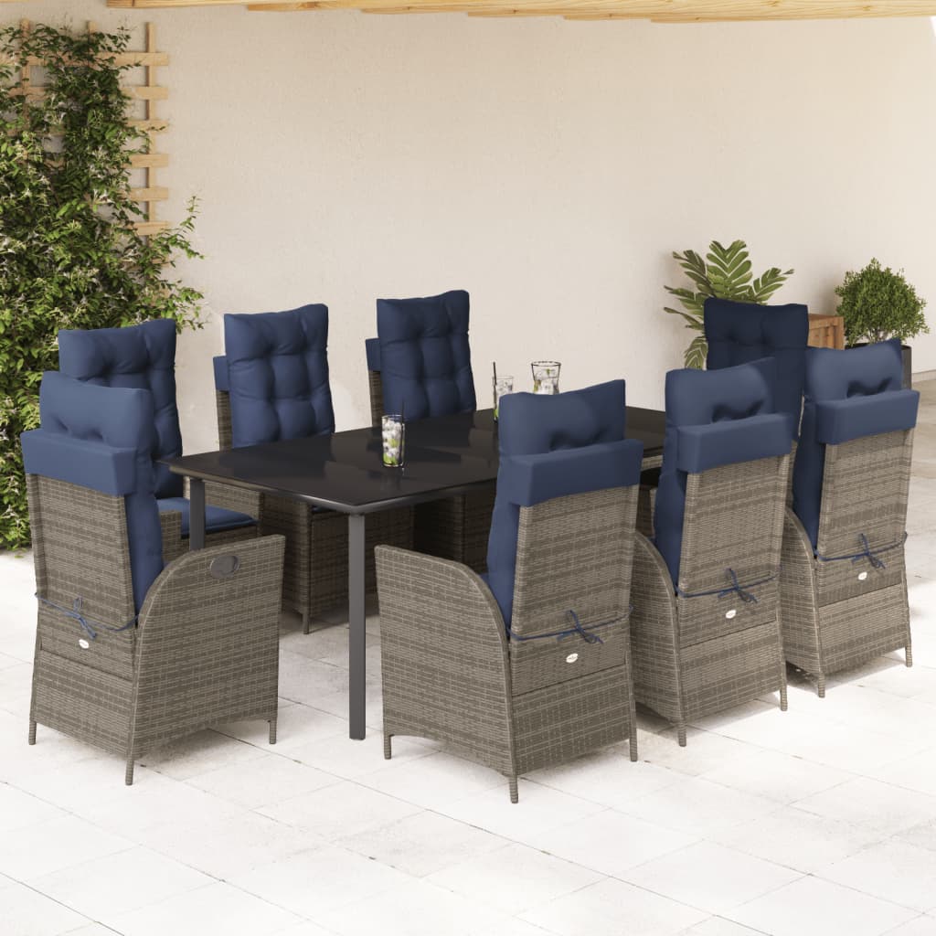 9 Piece Garden Dining Set with Cushions Grey Poly Rattan