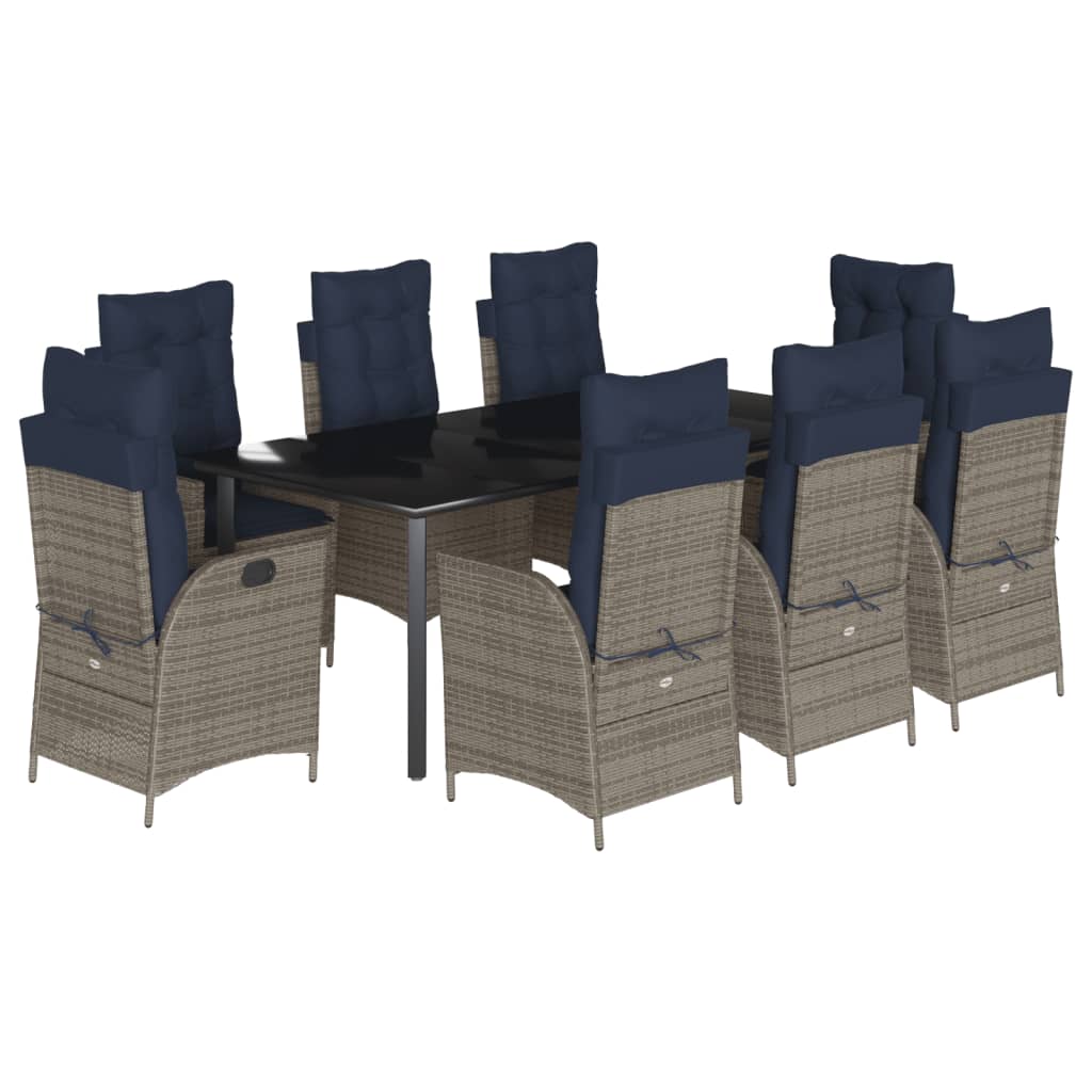 9 Piece Garden Dining Set with Cushions Grey Poly Rattan