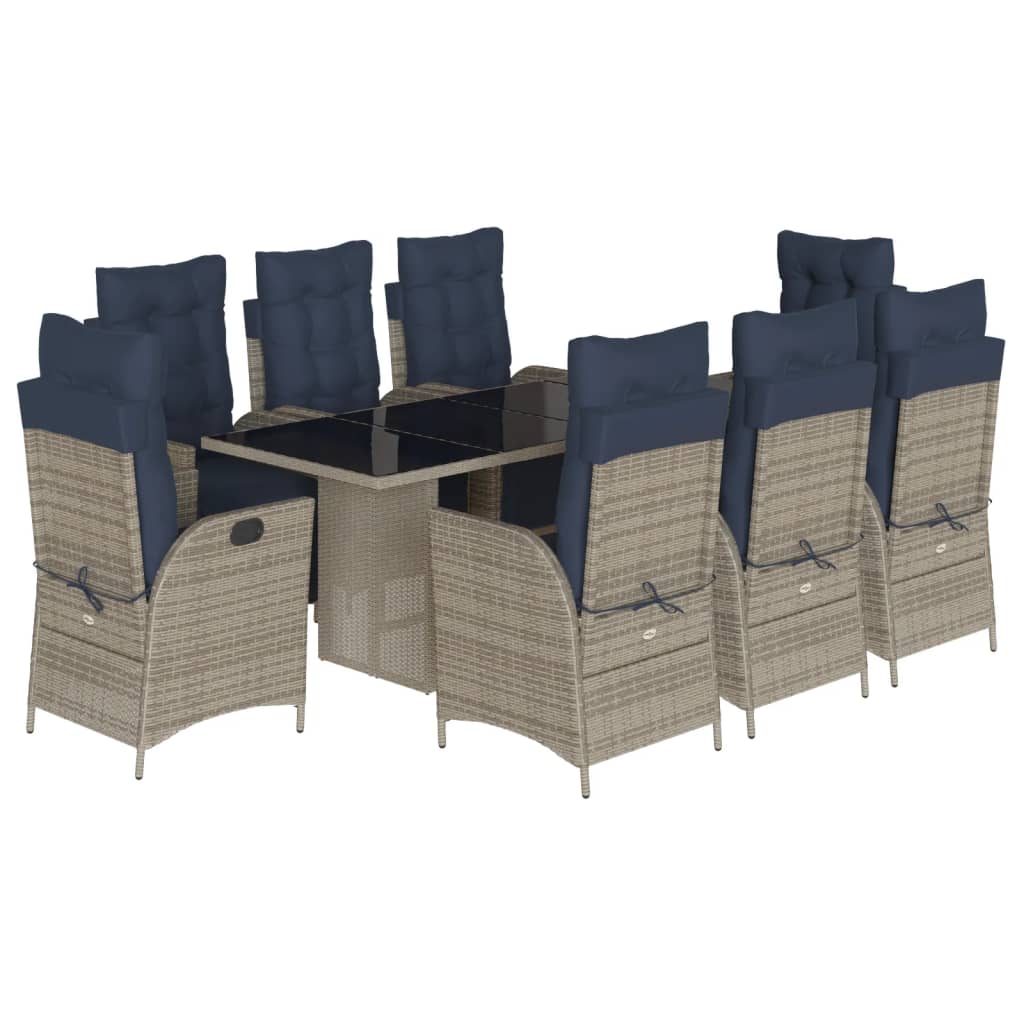9 Piece Garden Dining Set with Cushions Grey Poly Rattan (US only)