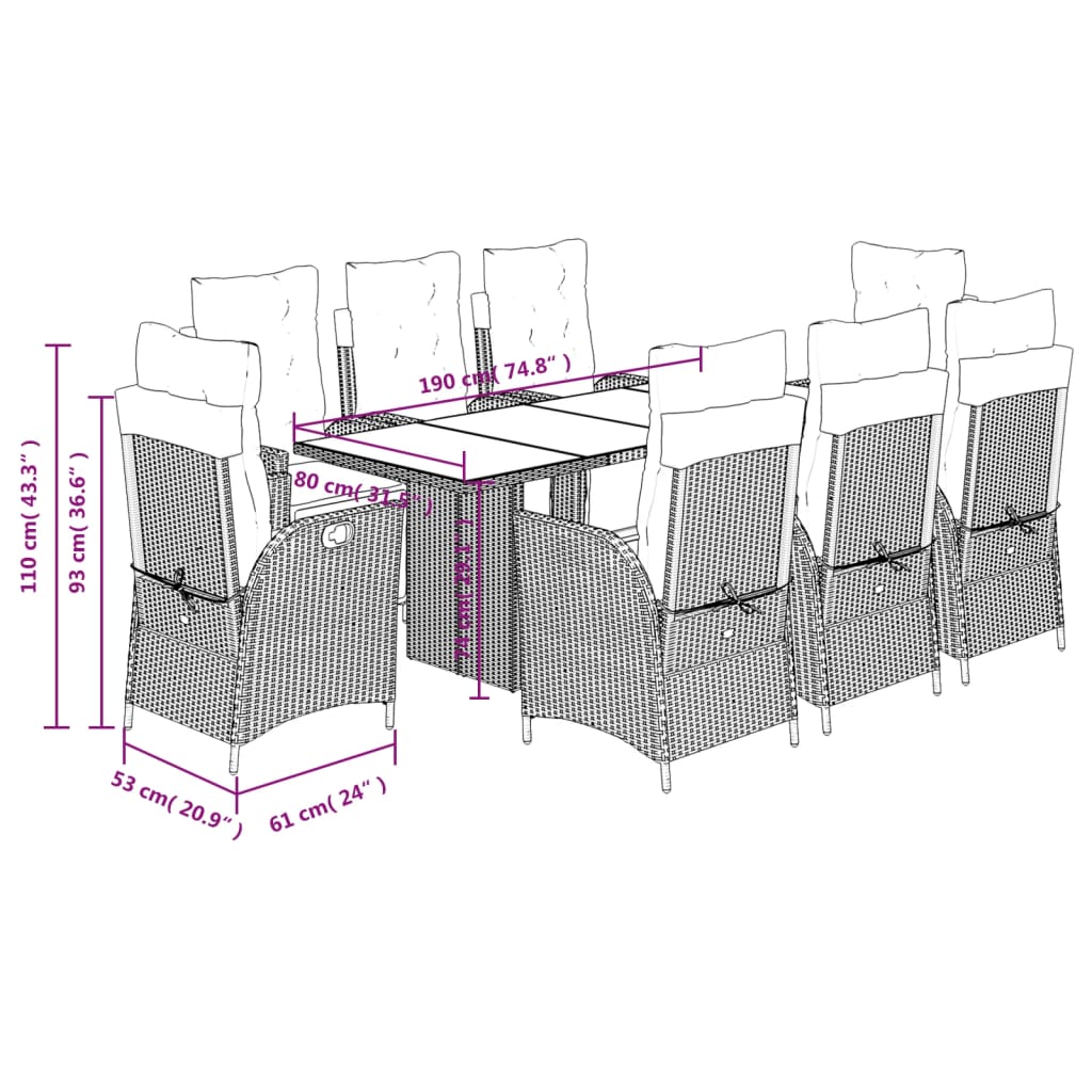 9 Piece Garden Dining Set with Cushions Grey Poly Rattan (US only)